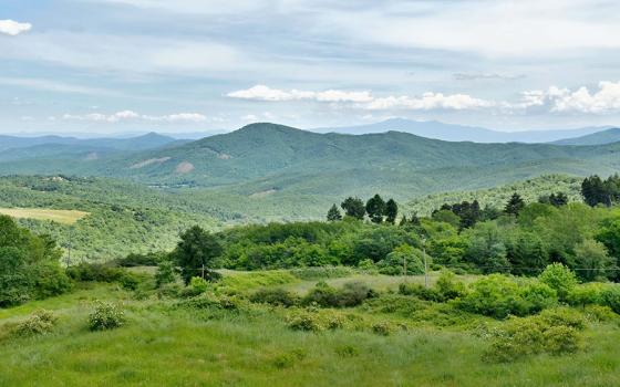 Paesaggio collinare verde con montagne all'orizzonte e cielo nuvoloso.